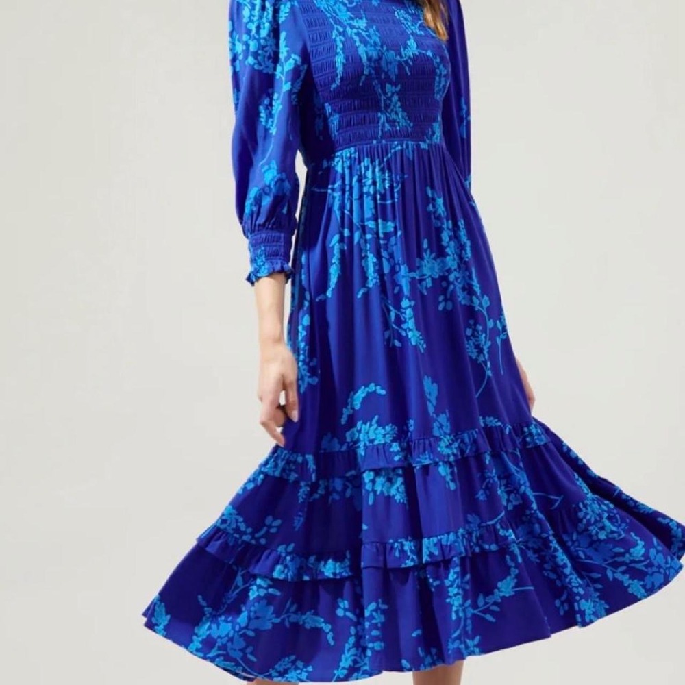 Sugarlips Blue Floral Smocked Midi Dress Puff Sleeve Tiered Ruffle Boho XS jj